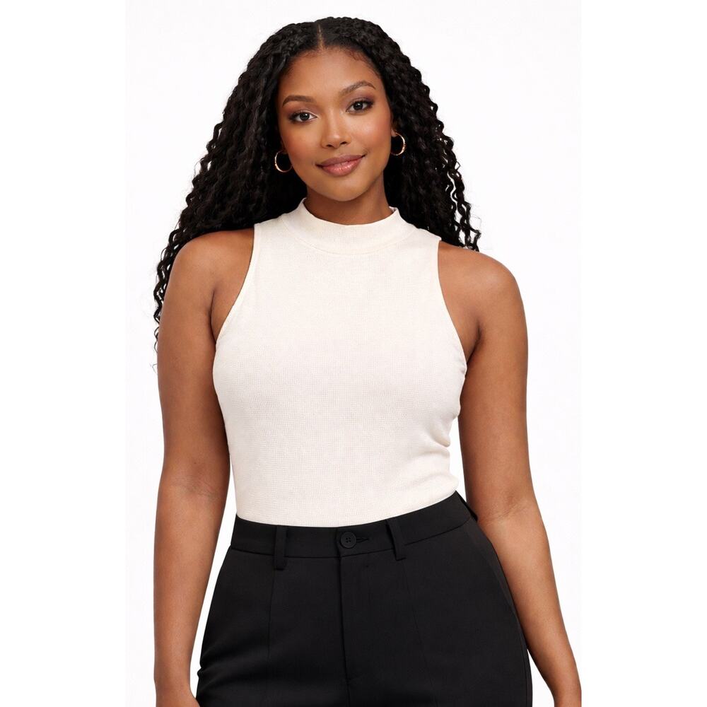 Cream Ribbed Salma Gentle Fawn High Neck BodySuit Sleeveless Minimalist